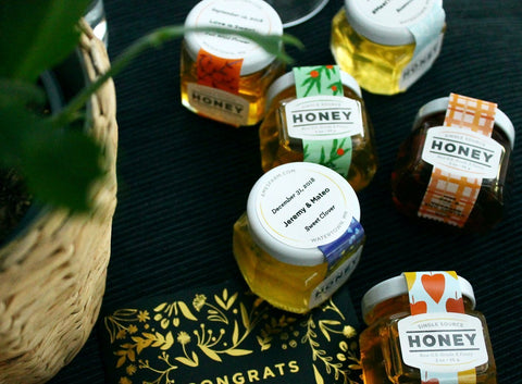 Honey favors with custom printed labels with your name, logo or message