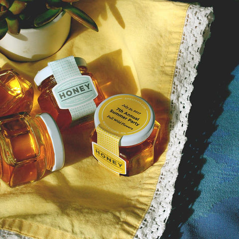 Custom printing honey favors from our honey farm in Minnesota 