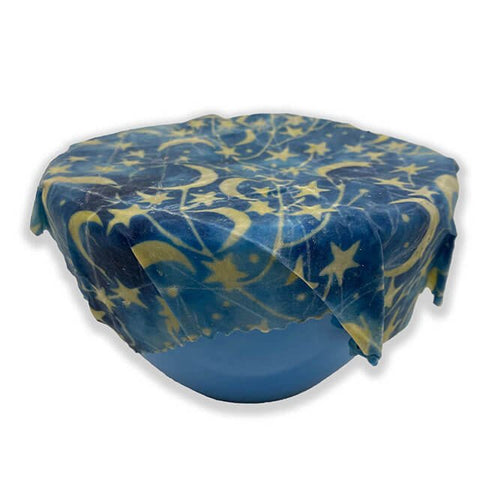 Protective beeswax food wrap fitted on a bowl